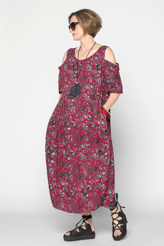 Cold Shoulder Acqua Dress in Red Borago Print Boston