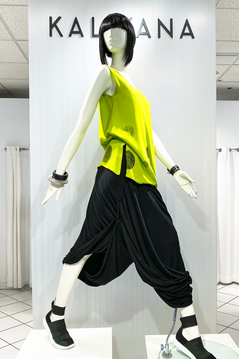 The Convertible One worn as Pants with the Y-tank in Lime Rondo