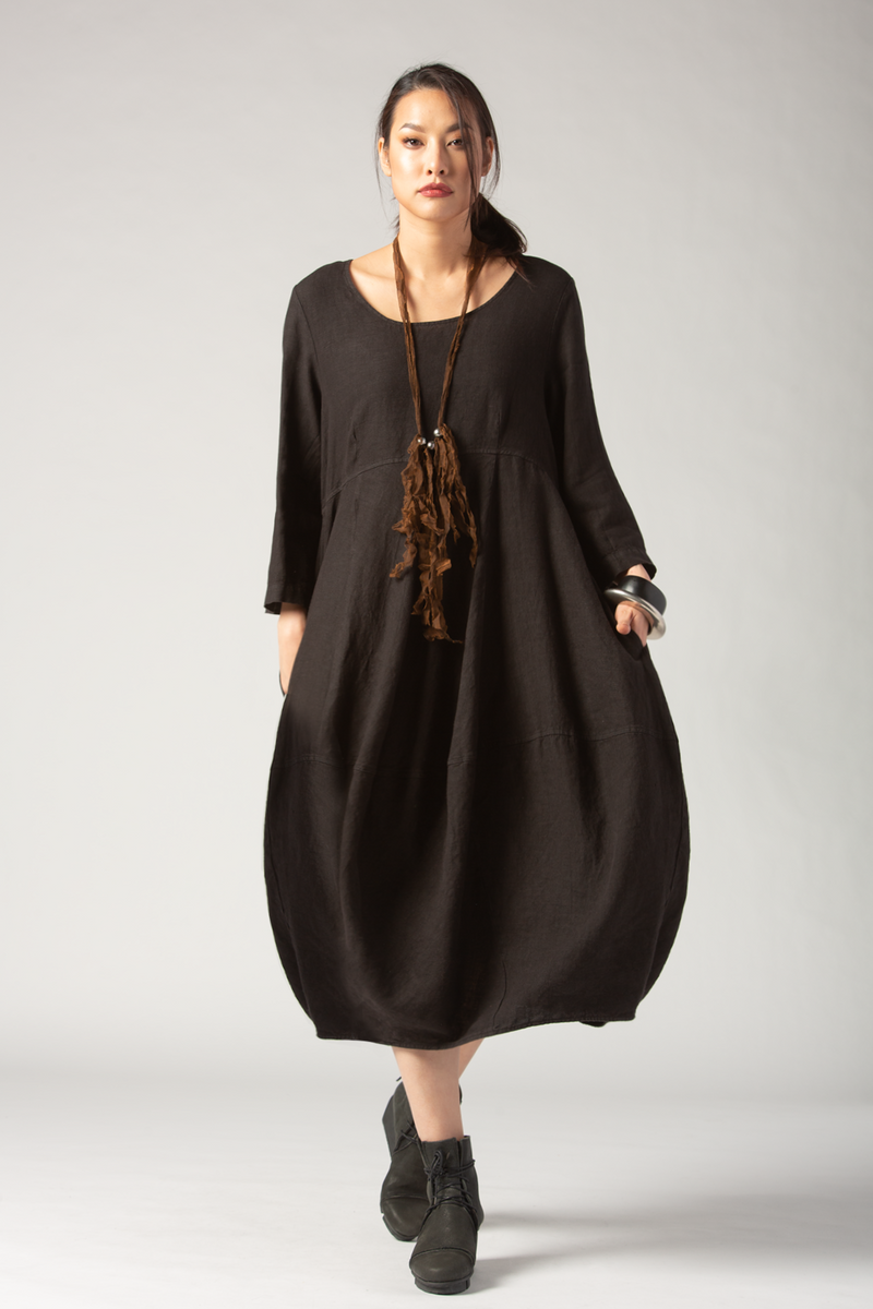 GRIZAS 3/4 Palloncino Dress in Black Linen