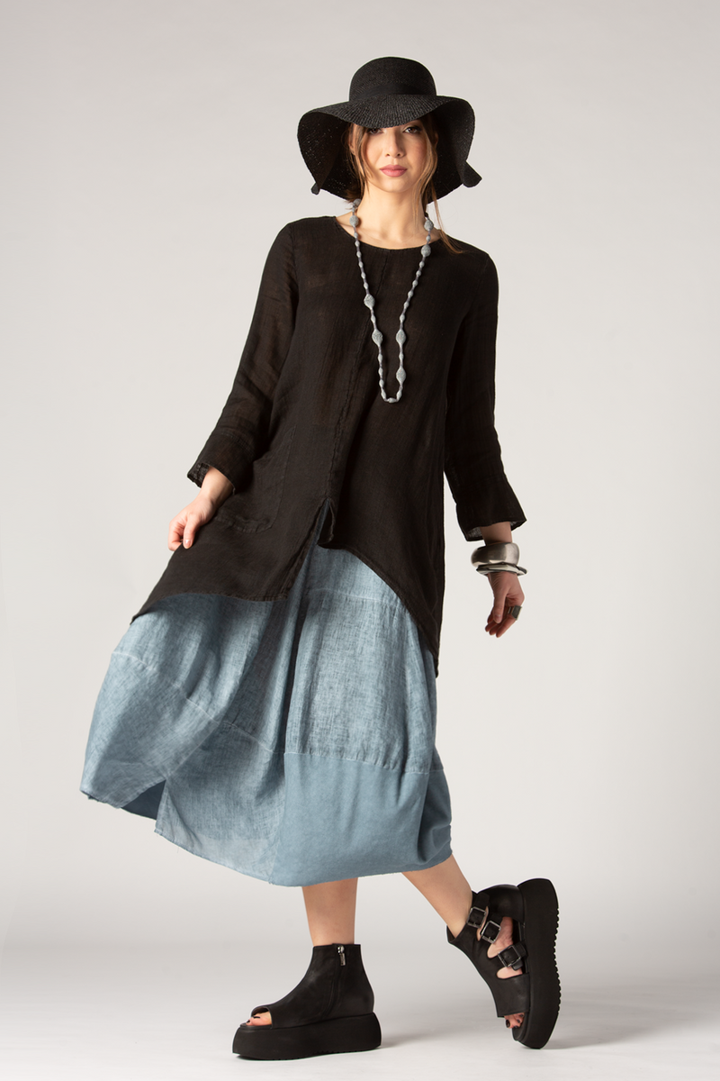 GRIZAS 3/4 Asymmetric Tunic in Black Linen - Main Image