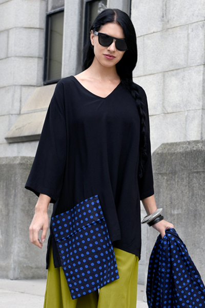 One Pocket Top in Black & Blue Polka Dots Carnaby